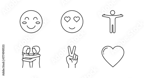 Collection of outline icons representing kindness and positive emotions, including a smiling face, a face with heart eyes, a person with open arms, a hug, a peace sign hand gesture, and a heart