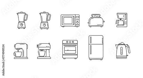 Collection of outline icons representing essential kitchen appliances for home cooking and food preparation, including a blender, microwave, toaster, coffee maker, refrigerator, stand mixer, oven