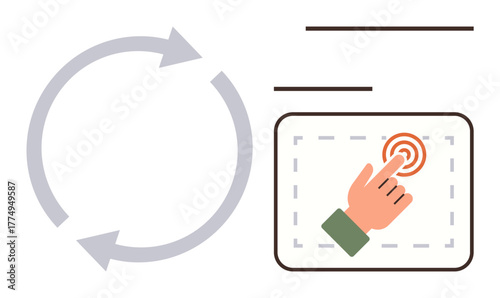 Hand tapping on a digital interface with circular arrows next to it. Ideal for technology, interaction, refresh, usability, feedback, updates, learning. Modern simple flat metaphor