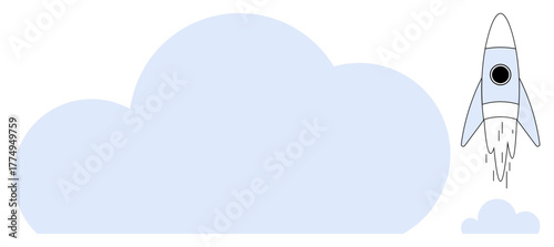 Blue rocket launching past a large cloud into the sky with trails symbolizing movement. Ideal for innovation, growth, success, exploration, ambition, technology, and creativity. Simple flat metaphor