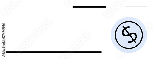 Black horizontal lines with a dollar sign inside a circle. Ideal for financial success, economy, currency exchange, investment, income, banking, and simple flat metaphor