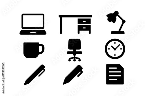 Monochrome office tools silhouette set: desk, chair, laptop, lamp, mug, clock, pen, document