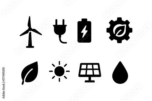 Eco-friendly energy icons: renewable power and sustainability symbols