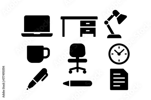 Minimalist office icons set featuring desk, laptop, chair, and lamp in silhouette style