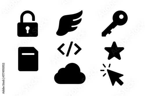 Minimalist icons: security, coding, navigation, cloud, key, lock, cursor, star, book, wing