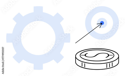 Gear symbolizing process, target with arrow indicating achievement, and coin for finance. Ideal for business strategy, financial planning, optimization, productivity, goal setting, resource