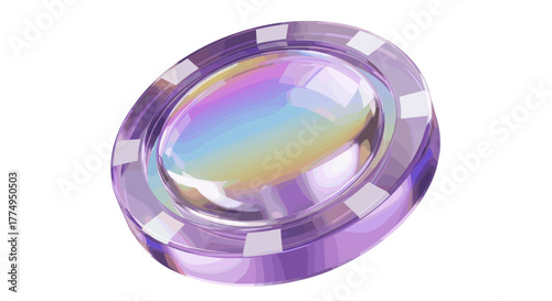 Realistic 3D holographic iridescent glass circle coin with a vibrant purple effect, resembling a game token or casino chip, featuring a crystal lens with rainbow reflections, perfect for technology