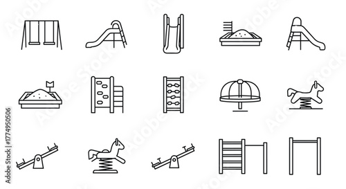 Collection of playground equipment thin line icons, including a kid's swing, slide, sandbox, climber, merry-go-round, spring rider, seesaw, and monkey bars, presented as vector elements on a clean