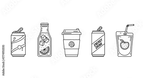 A collection of meticulously crafted line-style icons representing various vending machine drinks, including a soda can, bottled tea, a coffee cup, and an energy drink pouch, presented in a clean and