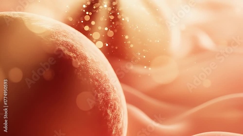 Macro View of Biological Cells with Soft Golden Light Particles Floating in Gentle Pink Undulating Organic Tissue Depth of Field Cinematic Medical