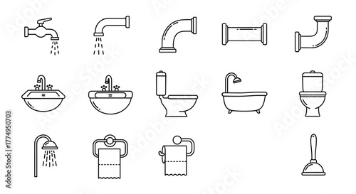 Minimalistic linear icon pack featuring faucets, pipes, sinks, bathtubs, toilets, showers, toilet paper holders, and plungers, perfect for web design, graphic design, apps, banners, social networks