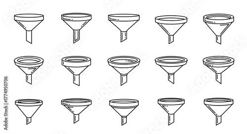 A collection of 15 funnel linear symbols, presented in a 3x5 grid on a clean white background, perfect for graphic design, web sites, cards, books, and articles, offering a versatile vector cartoon