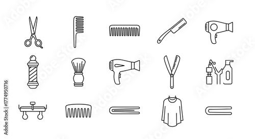 A collection of thin line icons representing haircuts and hair salon services, including scissors, combs, and other styling tools, presented in a clean, modern outline style suitable for graphic