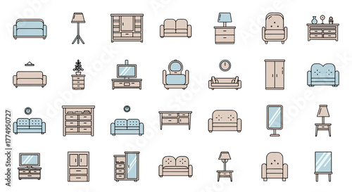 Set of simple furniture icons for interior design, including workplace elements like mirrors, chairs, and table lamps, perfect for banners, infographics, books, and articles, presented in a clean