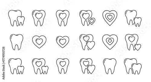 Set of 15 outline icons featuring teeth and hearts, symbolizing dental care, love for dentistry, and oral health. These versatile vector graphics are perfect for graphic design, web design, app