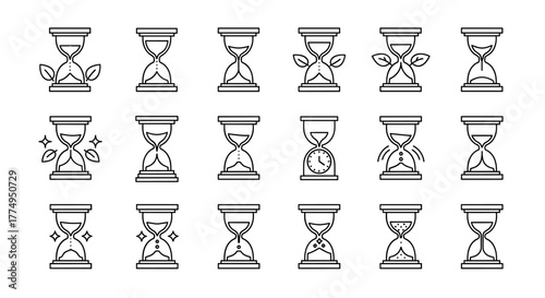 Collection of 15 thin hourglass icons with editable stroke, suitable for web sites, books, cards, and apps. This vector cartoon illustration features various hourglass designs, some with decorative