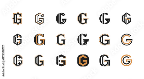 Collection of 18 unique 'G' monogram logos and letter designs, presented in a clean, organized grid. Each 'G' features a distinct style, including geometric, classic, and modern interpretations