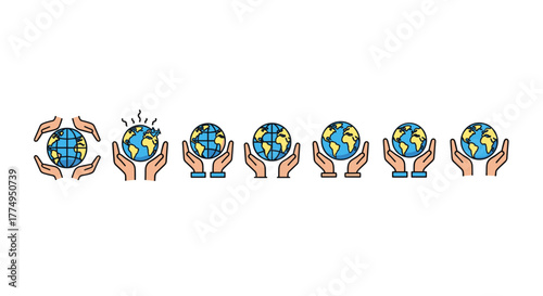 Set of six flat vector illustrations depicting hands holding the Earth, symbolizing global care, protection, and environmental responsibility, with one globe showing damage and distress, against a