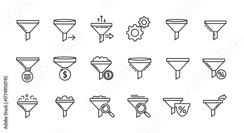 A collection of funnel icons in outline and line art style, perfect for graphic design, web design, app interfaces, advertisements, and various card designs. This vector cartoon illustration features