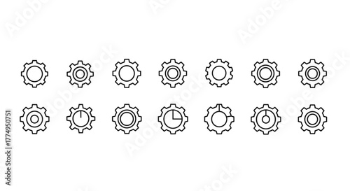 Collection of twelve gear and cogwheel icons with varying internal designs, presented as clean, ordered line art on a white background, symbolizing settings, mechanics, and industry. Each icon