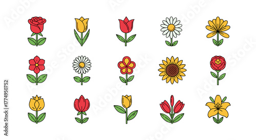 Collection of stylized, colorful flower icons presented in a clean, organized grid, featuring roses, tulips, daisies, sunflowers, and lilies, perfect for graphic design and botanical themes, isolated