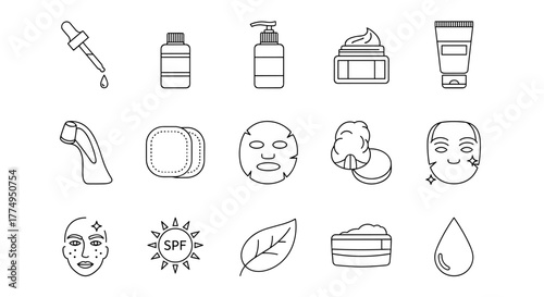 A clean and modern line illustration set featuring essential skincare products and concepts, perfect for graphic design, app interfaces, and digital content creation, presented on a white background