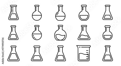 Collection of outline laboratory flasks and beakers, presented in a linear, cartoon illustration style, perfect for graphic design, web development, app interfaces, advertisements, and various card