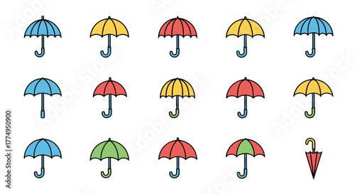 Collection of colorful flat design umbrellas and parasols in various shades of blue, yellow, red, and green, presented on a black background, symbolizing protection, weather, and fashion accessories