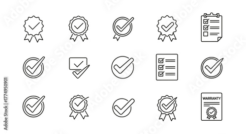 Collection of thin line web icons representing check marks, including confirm, approved, checklist, warranty, and more, presented in an outline style for simple and versatile use in digital and print