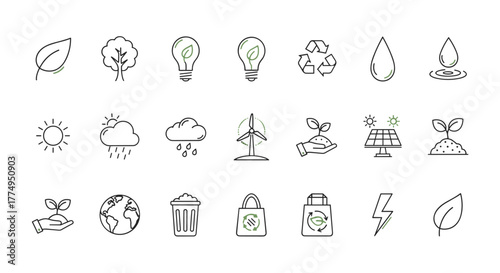 Eco-friendly icon set featuring nature symbols like leaves, trees, light bulbs with leaves, recycling symbols, water drops, sun, rain clouds, wind turbines, solar panels, and seedlings, presented as