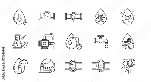 Set of line icons representing wastewater and sewage management, pollution, and water treatment processes. Includes symbols for water drops, pipes, industrial pollution, laboratory flasks, and