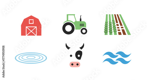 A collection of six minimalistic, flat design icons representing various aspects of farm life and agriculture, including a red barn, a green tractor, a crop field with wheat, a water ripple, a cow's