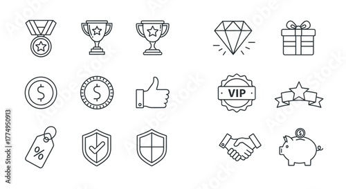 Exclusive benefit, prize, and incentive reward icons set, isolated on a white background. This editable stroke outline icon collection features a medal, trophy, diamond, gift box, dollar coins