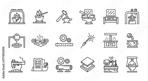 Set of linear icons representing metallurgy and metal production industry, including machinery, fabrication, steel products, and various industrial processes like smelting, forging, and welding, with