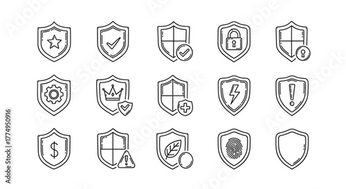 Vintage style shield icon set, featuring protection, security, quality badges, and symbols like stars, checkmarks, locks, gears, crowns, plus signs, lightning bolts, exclamation marks, dollar signs