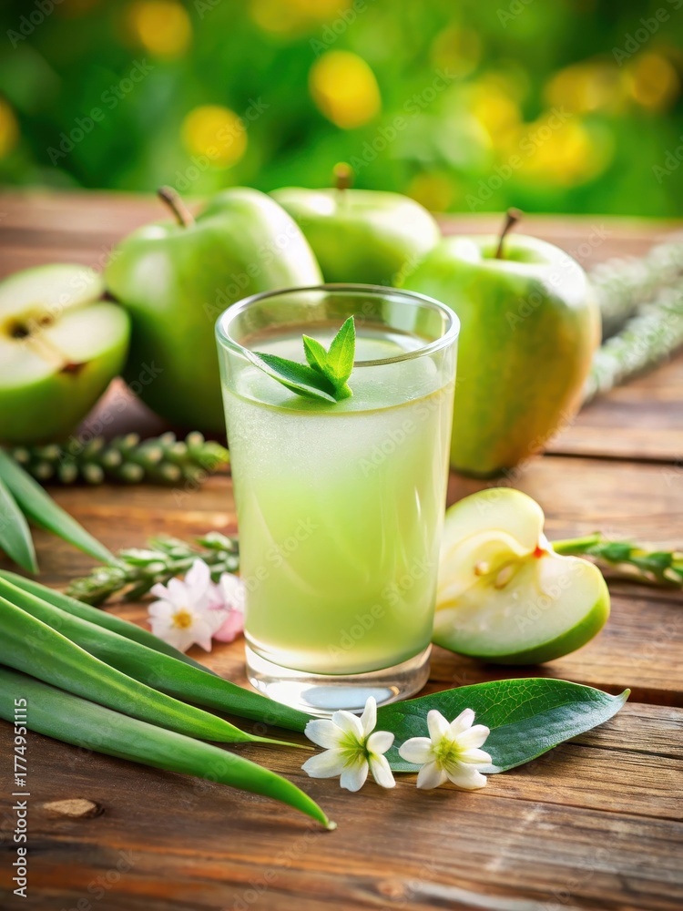 Fototapeta premium Aloe vera juice and apple slices on a wooden table with fresh greens and flowers