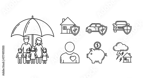 Insurance and family protection concept, represented by a stylized umbrella shielding a couple and child from potential hazards, symbolizing security and safety in life's journey, ideal for financial