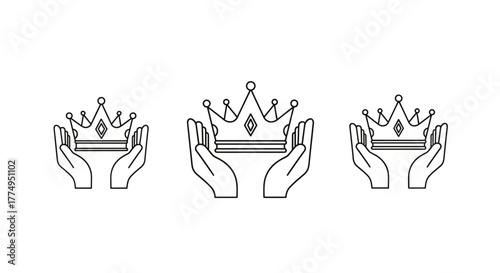 Three minimalist line art icons of a crown held between two hands, symbolizing royalty, power, success, and achievement. This versatile graphic is perfect for designs, books, adverts, and apps