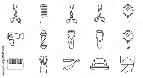 Collection of line art icons representing haircutting tools and accessories, including scissors, combs, razors, brushes, and mirrors, perfect for graphic design, web development, app interfaces, and