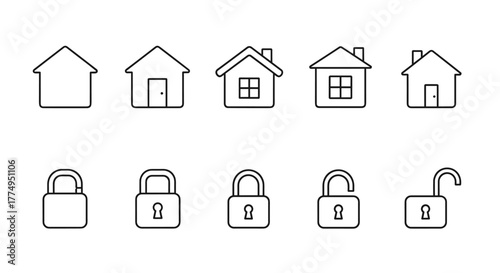 Minimalistic line art icons representing houses and locks, symbolizing security, home, and access. This versatile set includes various house designs and lock states (open and closed), perfect for web
