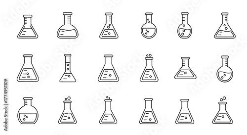 Collection of outline laboratory flasks with liquid and bubbles, symbolizing scientific research, experiments, and chemical processes, presented on a clean white background for versatile graphic and