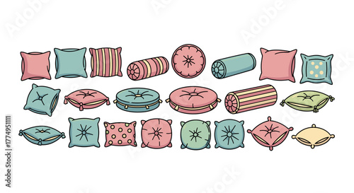 Collection of colorful cartoon pillows and cushions, including square, round, and bolster shapes, with various patterns like stripes and polka dots, perfect for home decor, infographics, articles