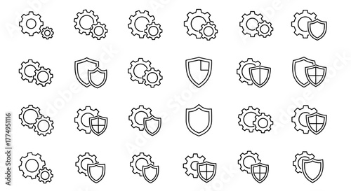 Set of outline icons representing gears, cogwheels, and shields, symbolizing settings, security, and protection. This versatile vector graphic collection is ideal for web design, app development