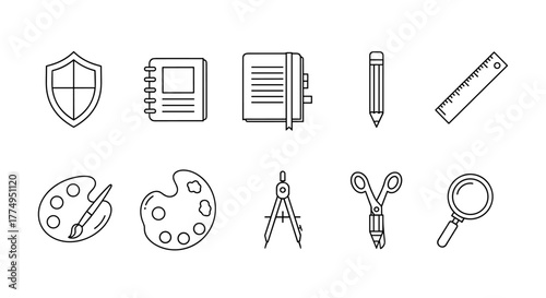 A collection of minimalistic, thin line icons representing essential tools for creativity and organization, including a shield for security, notebooks for planning, a pencil and ruler for drafting, a