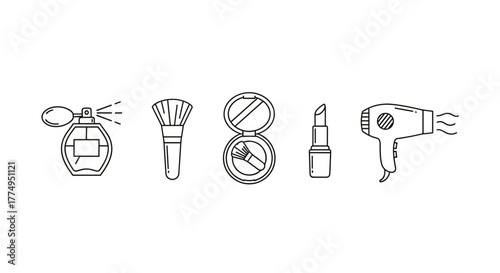 Simple Linear Illustration of Beauty Essentials: A Collection of Icons Featuring Perfume Bottle, Makeup Brush, Compact Powder, Lipstick, and Hair Dryer, Ideal for Graphics, Concept Art, Apps, and