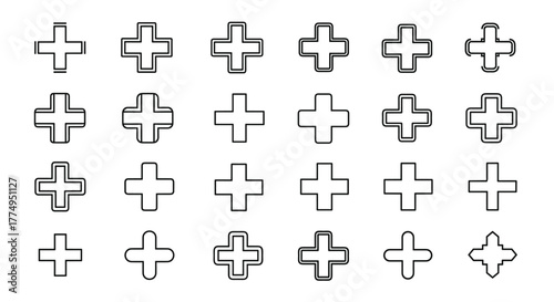 A versatile collection of plus sign line icons, featuring a variety of outline styles and subtle variations, perfect for graphic and web design projects, app interfaces, advertisements, and diverse