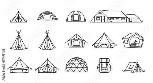 Collection of outline tent icons for graphic and web design, apps, adverts, and various cards, featuring a diverse range of camping shelters including teepees, domes, and traditional tents, presented