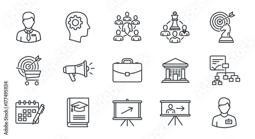 Business and Organization Management Icon Set: Featuring Manager, Teamwork, Strategy, Marketing, Business Planning, Training, and Employee Icons. This collection of solid, clean-lined icons