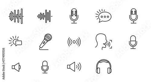 A collection of line-style vector icons representing various aspects of sound and voice technology, including sound waves, microphones, voice recognition, speech bubbles, and headphones, presented on