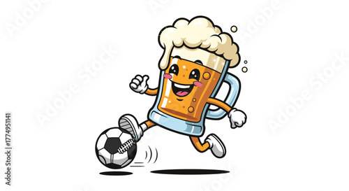 Cheerful cartoon beer glass mascot with frothy head kicking a football and smiling with joy, perfect for brewery promotion, sports bar design, or beer-themed events, vibrant illustration with dynamic